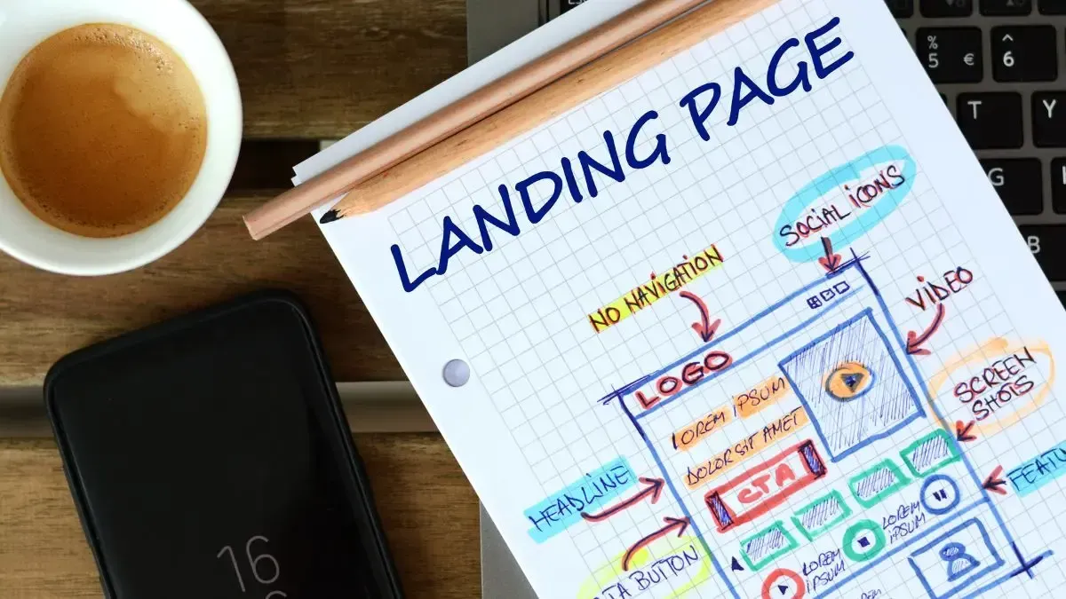 A landing page is being drawn on a piece of paper next to a cell phone and a cup of coffee.