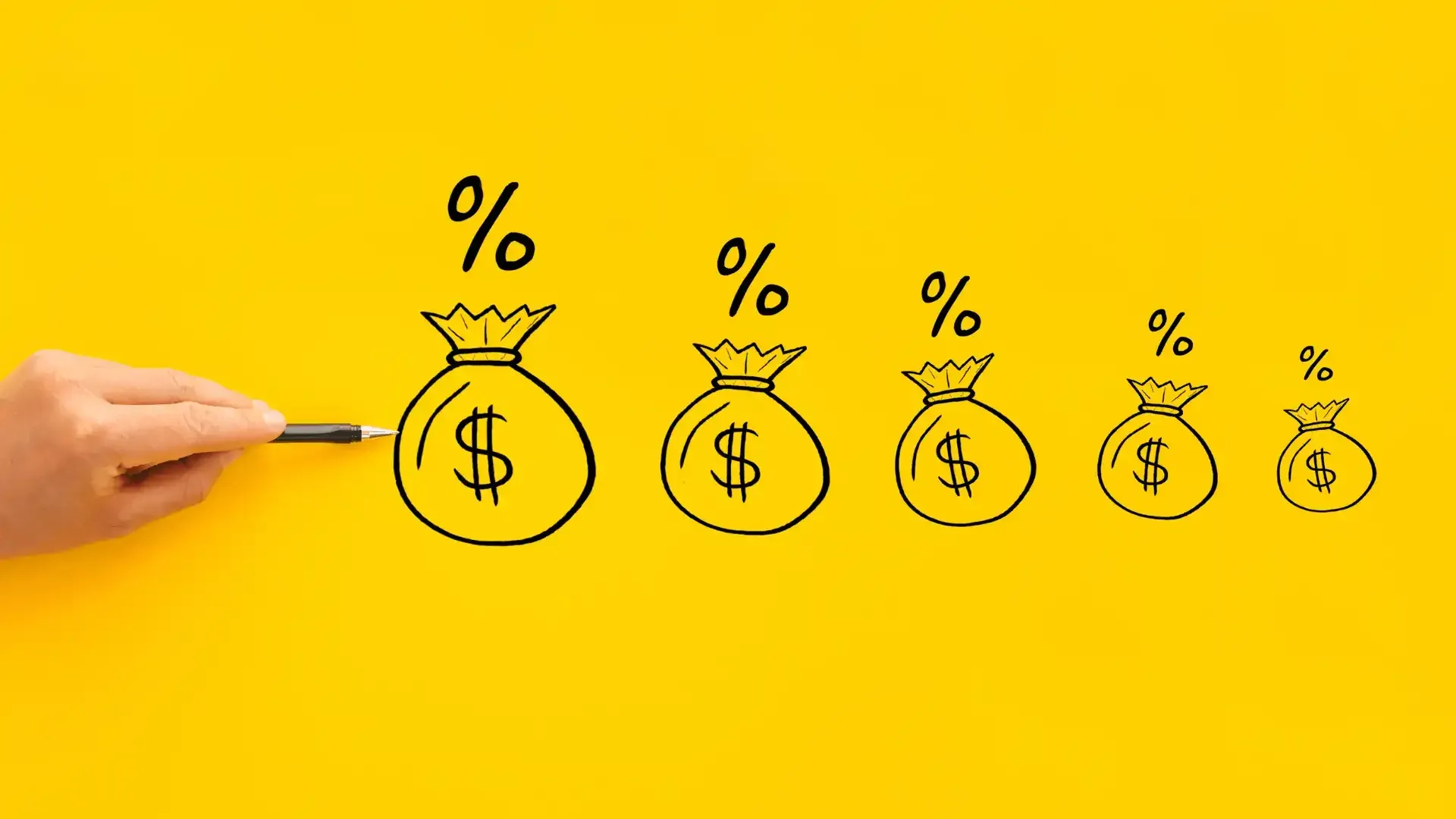 A person is drawing money bags with percentages on a yellow background.