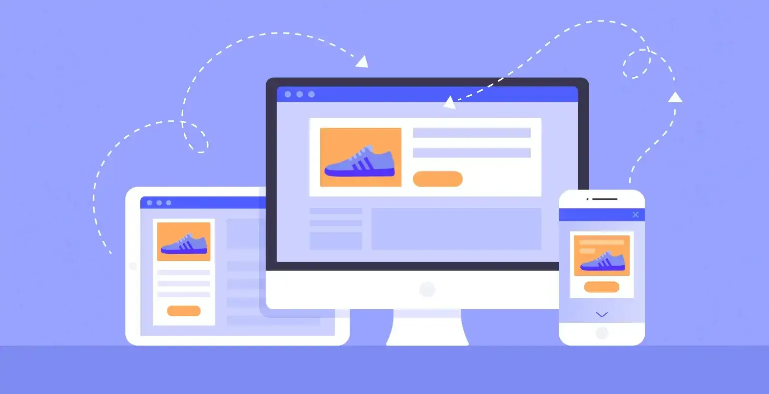 An illustration of a computer , tablet , and cell phone with Google Display Ads on them