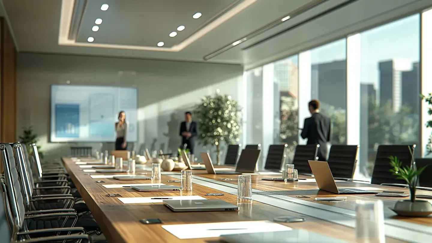Modern conference room with long table, laptops, and business people.