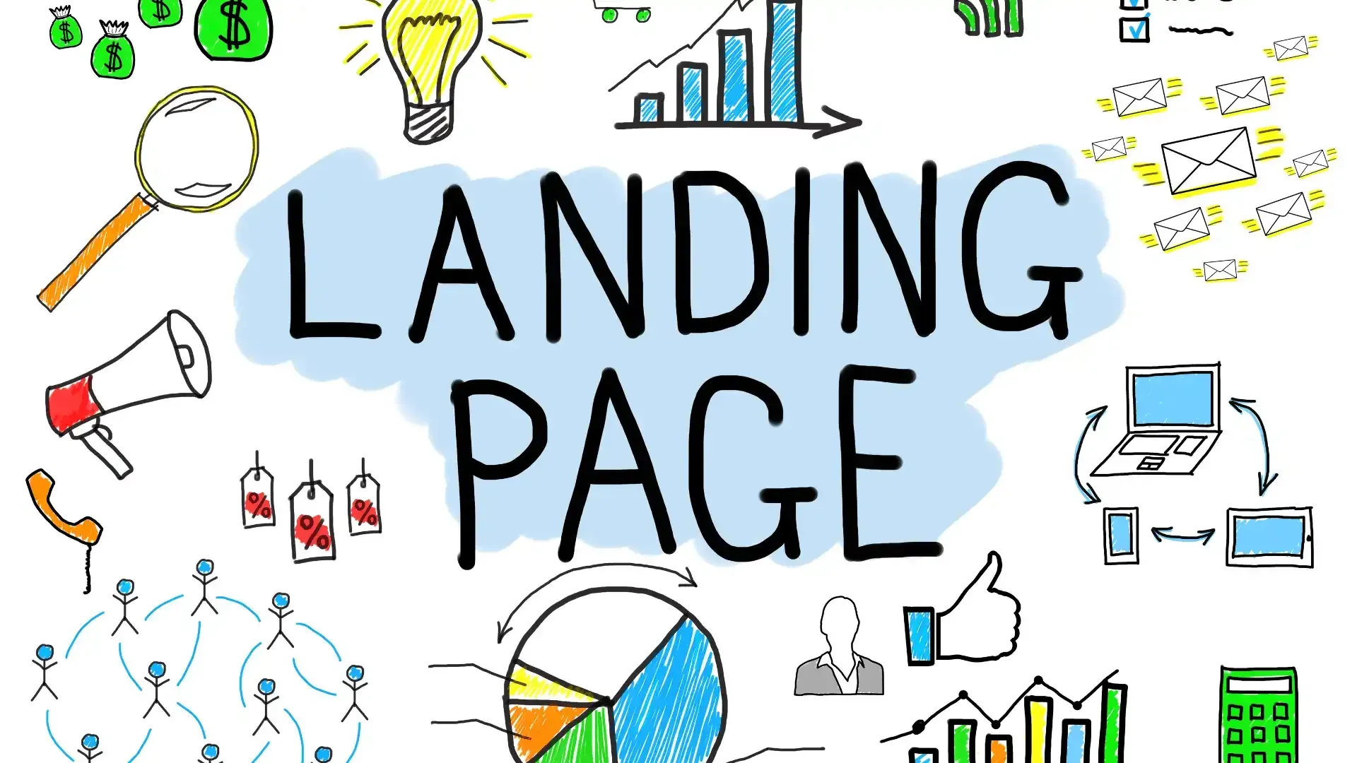 a landing page with a pie chart and a magnifying glass
