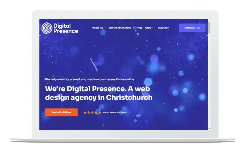 A laptop screen shows a website for digital presence a web design agency in christchurch.