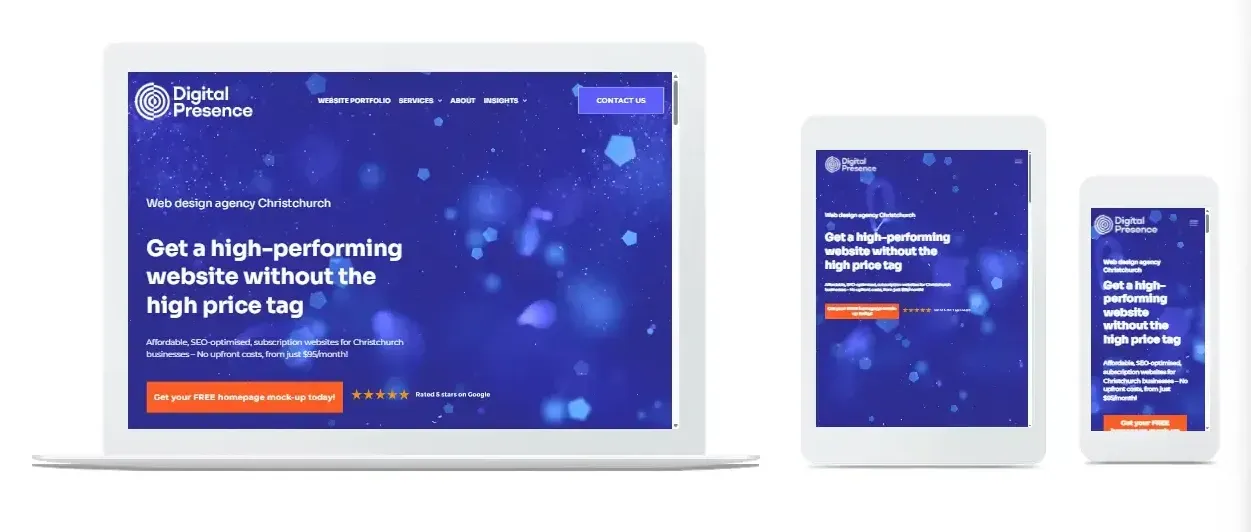 A laptop , tablet , and cell phone are displaying a website.