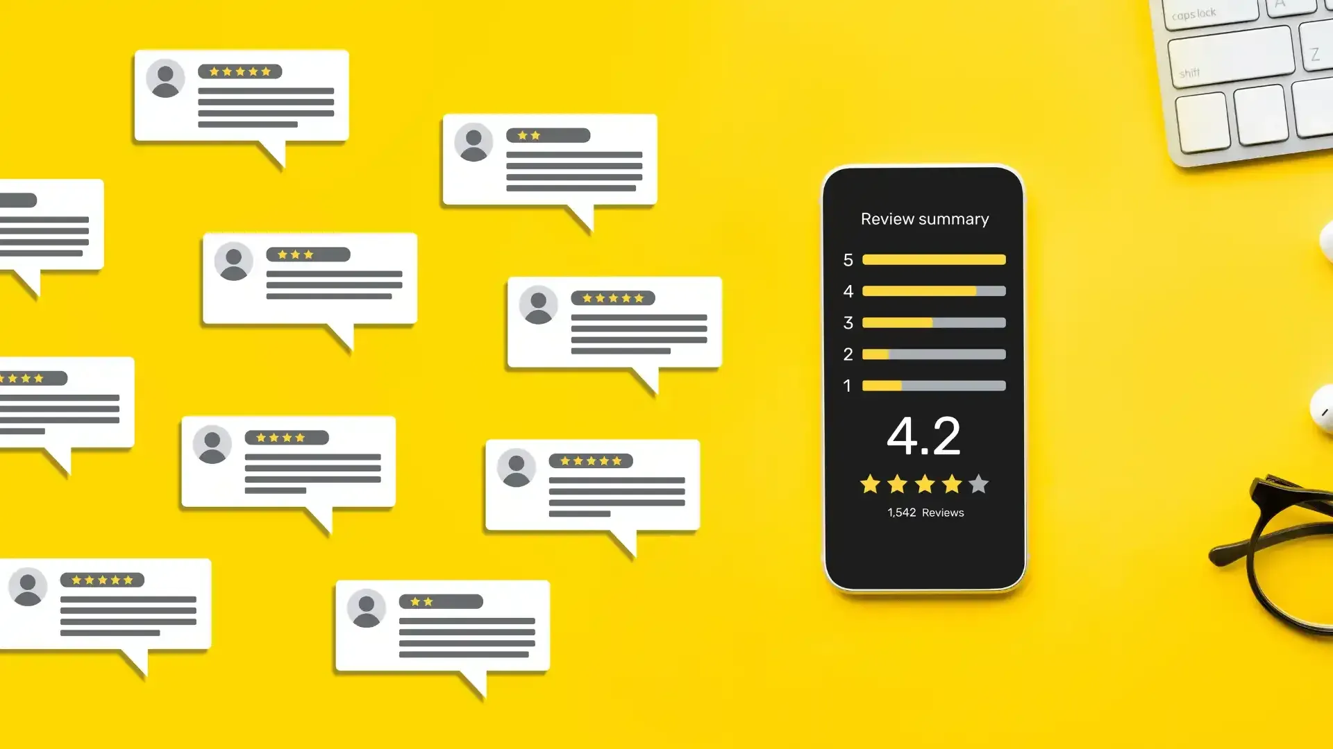 a phone displays a review summary with 4.2 stars