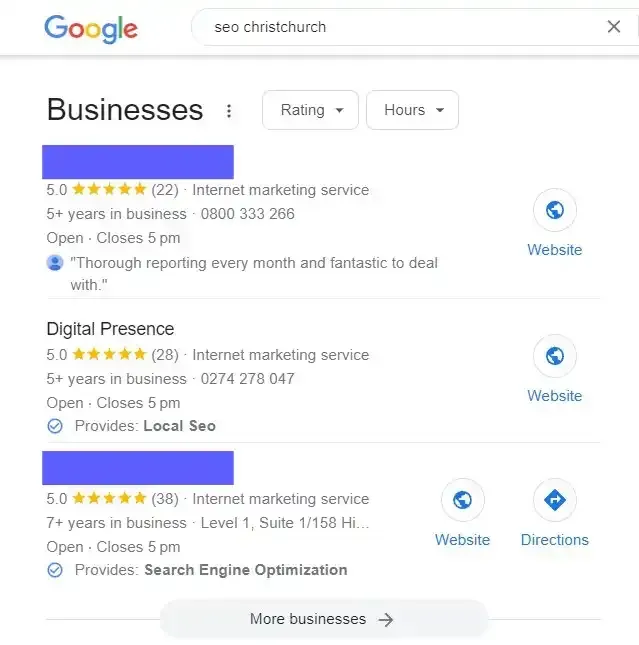 search for SEO Christchurch in local Google search results