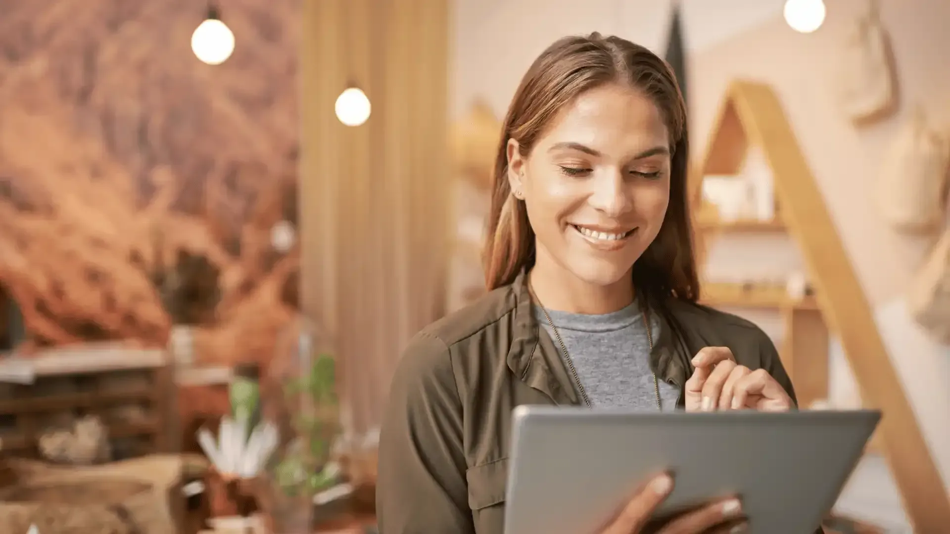 A woman is smiling while using a tablet computer in a room.
