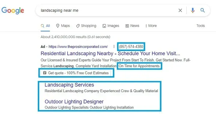 A screenshot of a google search for landscaping near me.