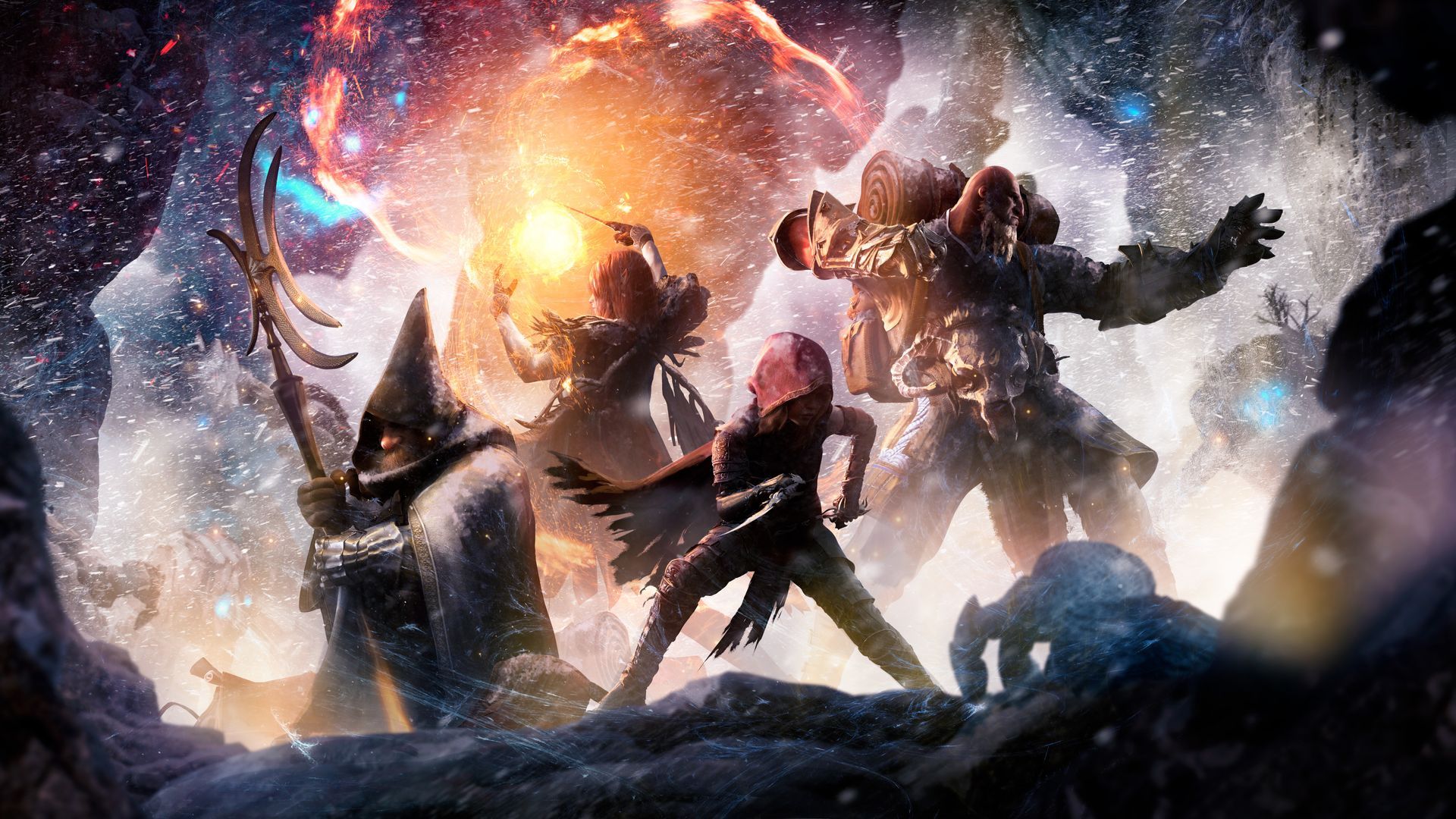 Fantasy battle scene with armored warriors clashing amid glowing purple-orange energy in a dramatic, rocky landscape