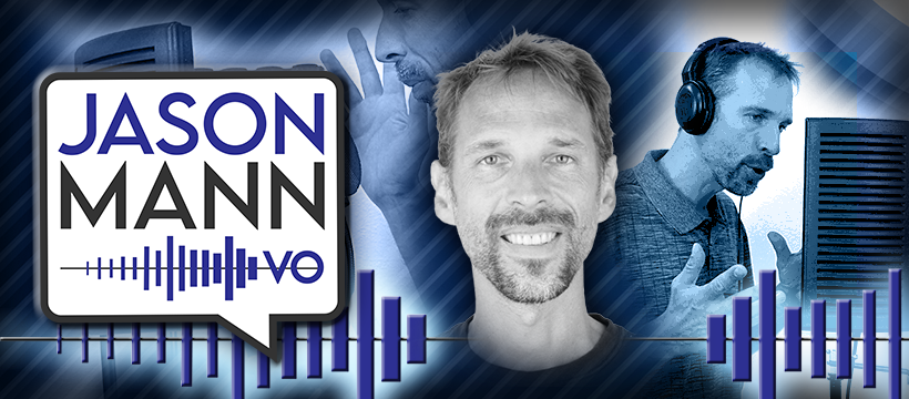 Jason Mann podcast banner with portrait, microphone waveform, and city skyline in blue tones