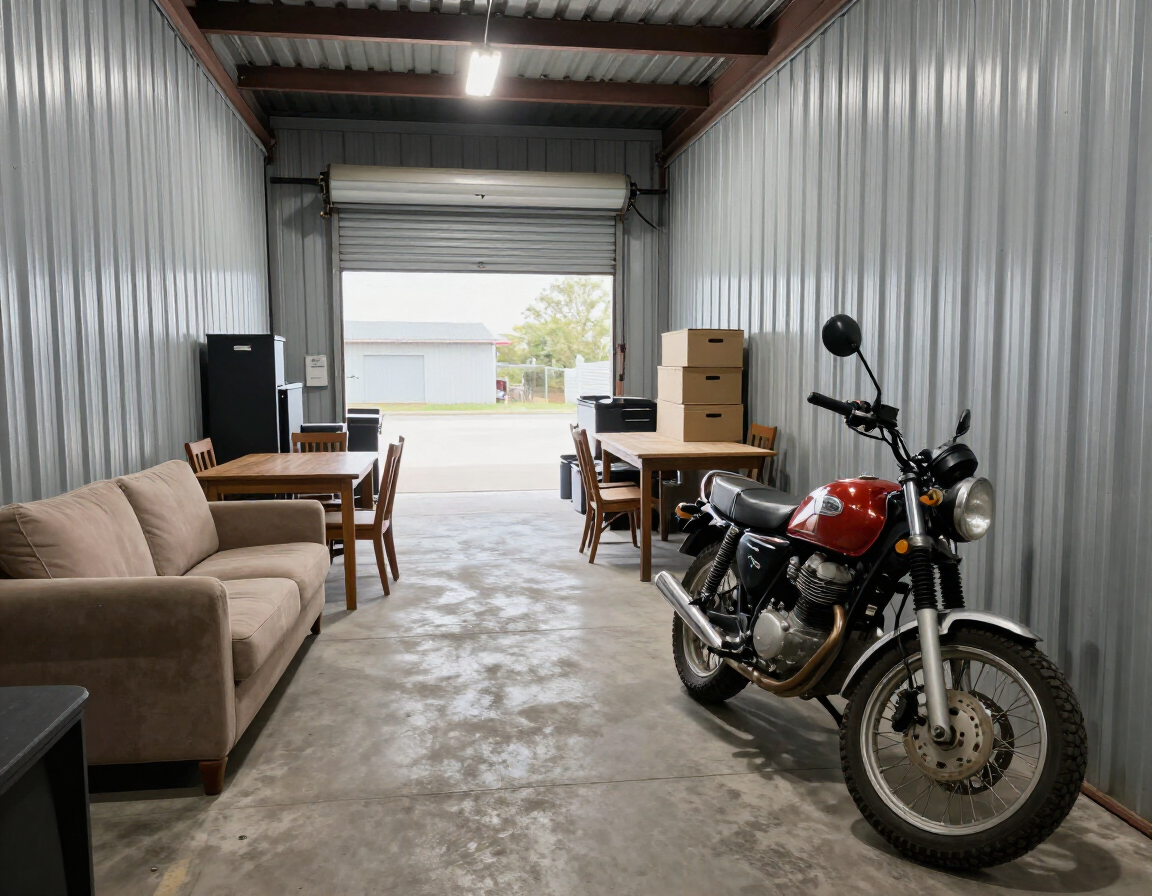 Large storage unit with furniture and a motorcycle
