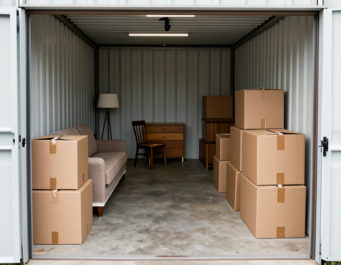 Medium storage unit with furniture and boxes