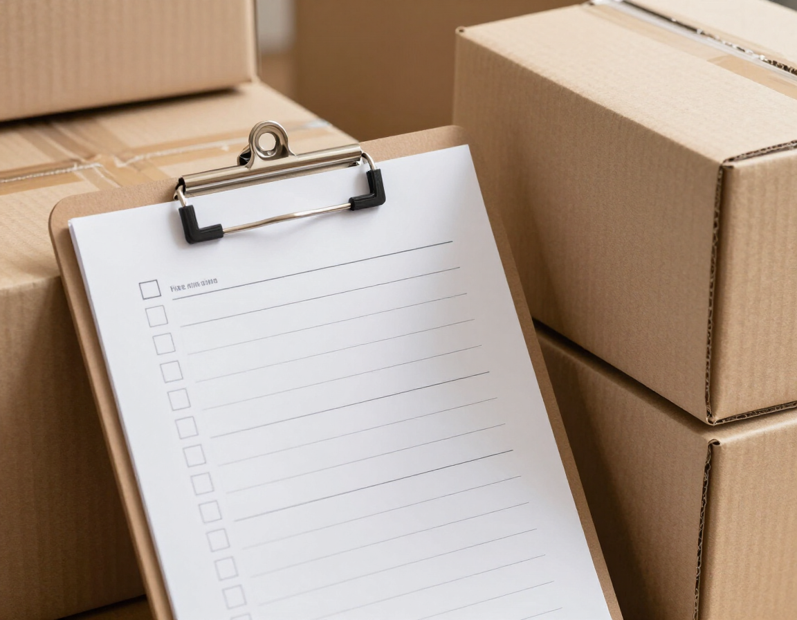 Checklist on a clipboard near boxes