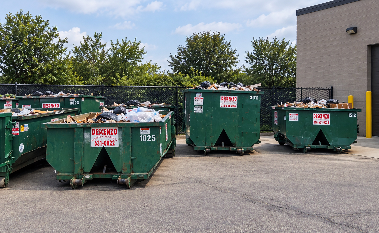 Multiple roll-off dumpsters filled with construction debris in a commercial waste yard.