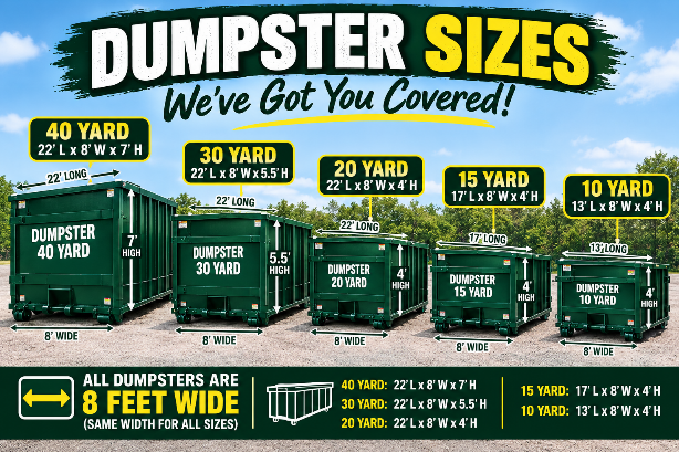Infographic comparing 10, 15, 20, 30, and 40-yard dumpster sizes and dimensions. Infographic comparing 10, 15, 20, 30, and 40-yard dumpster sizes and dimensions.