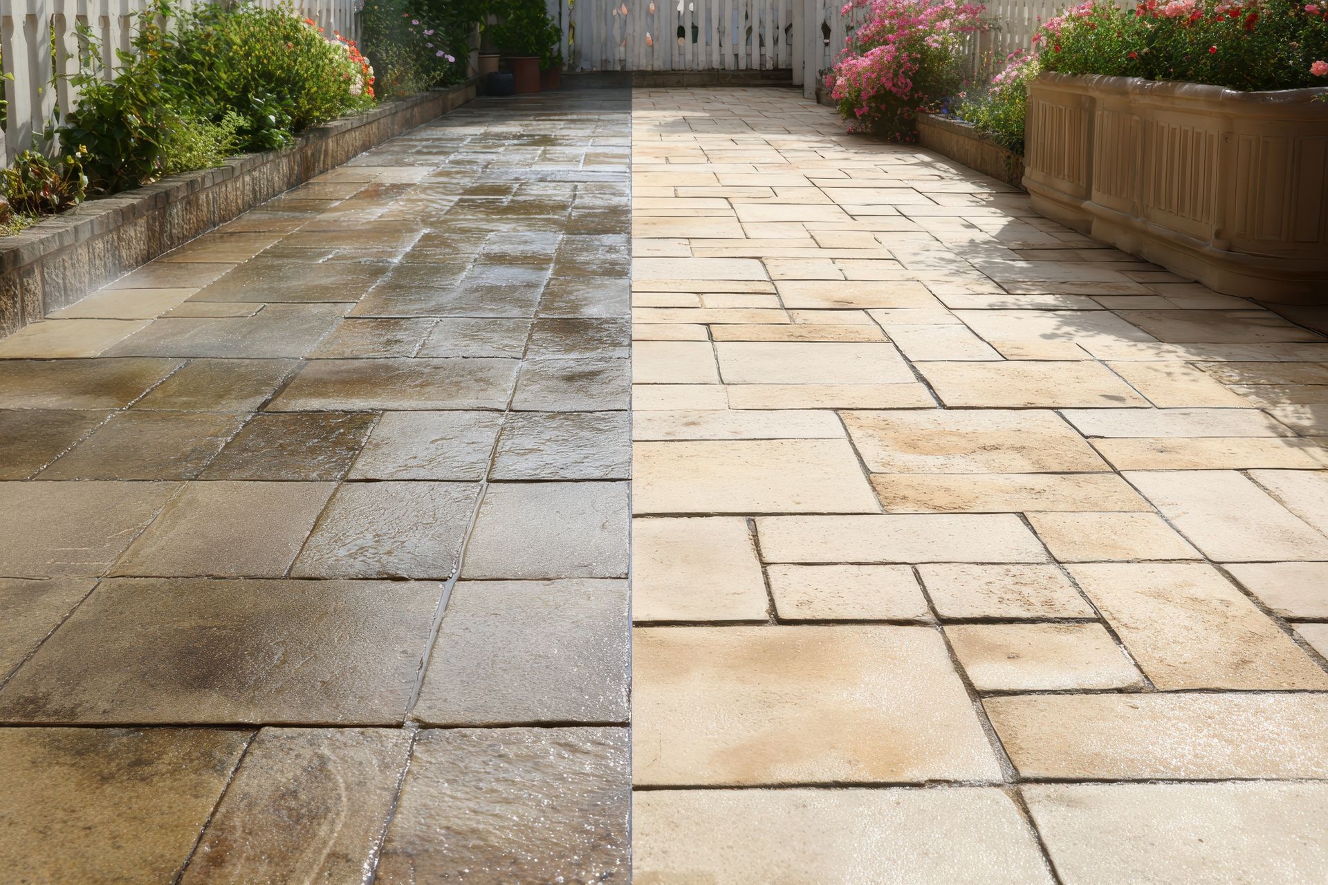 A split view of a paved patio showing the difference between a dark, weathered side and a light, clean power-washed side.
