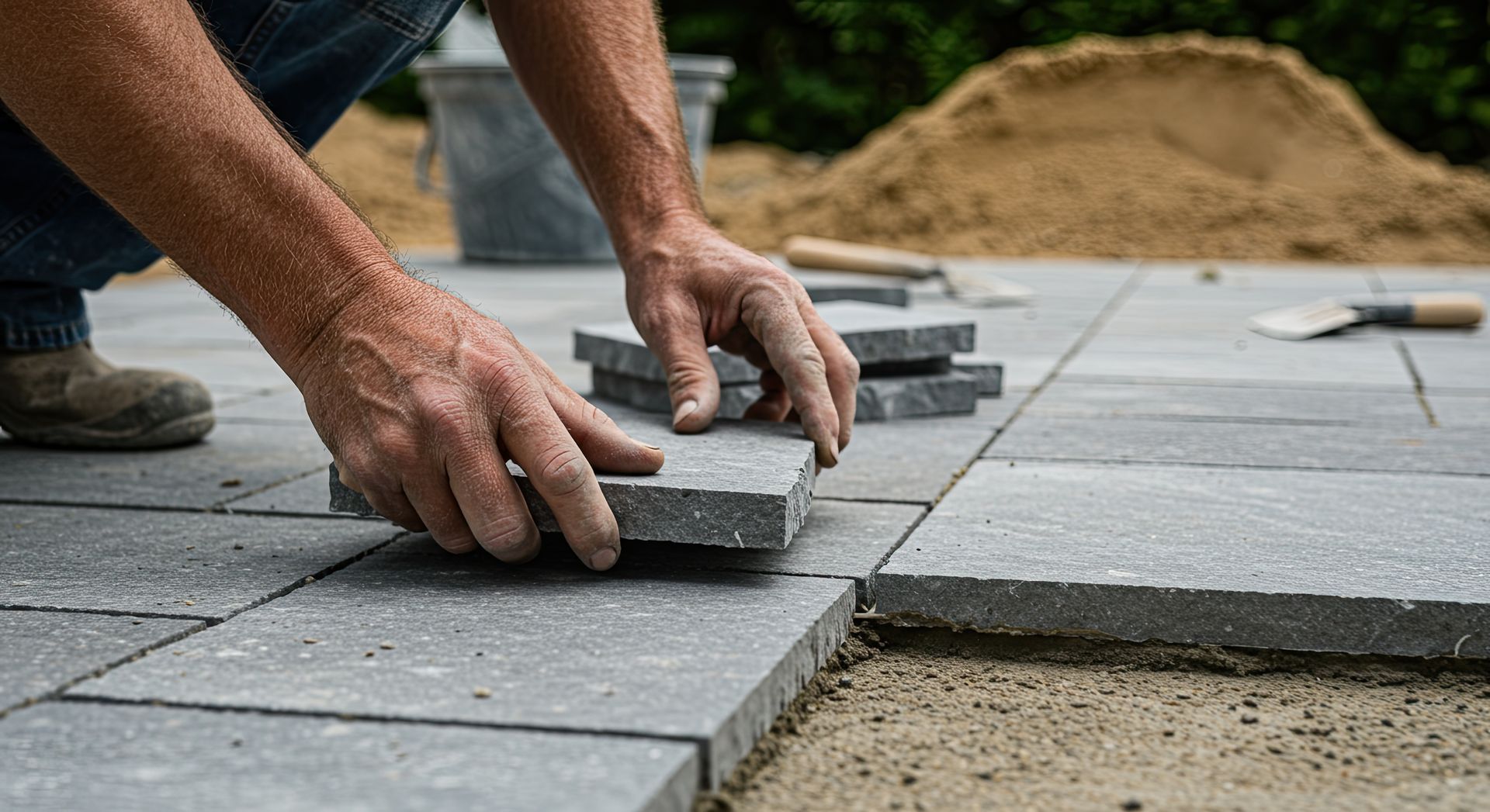 A pair of hands placing a gray concrete paver into a sand base to construct a patio.