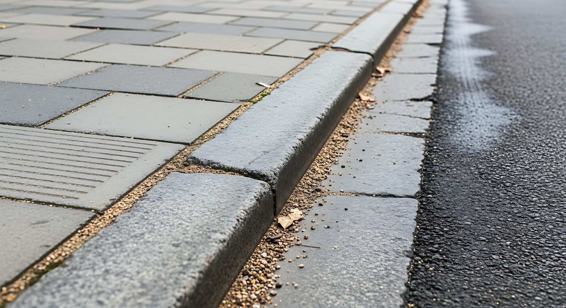 A street curb separating a gray tiled sidewalk from an asphalt road, with a narrow gravel drainage channel in between.
