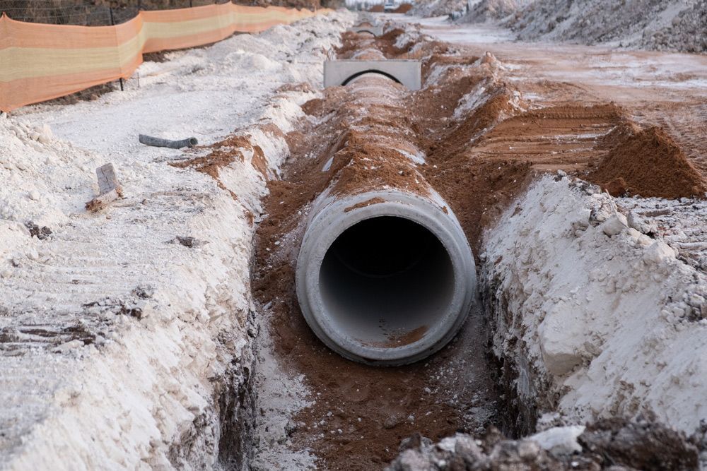 A large pipe is sitting in the middle of a dirt field