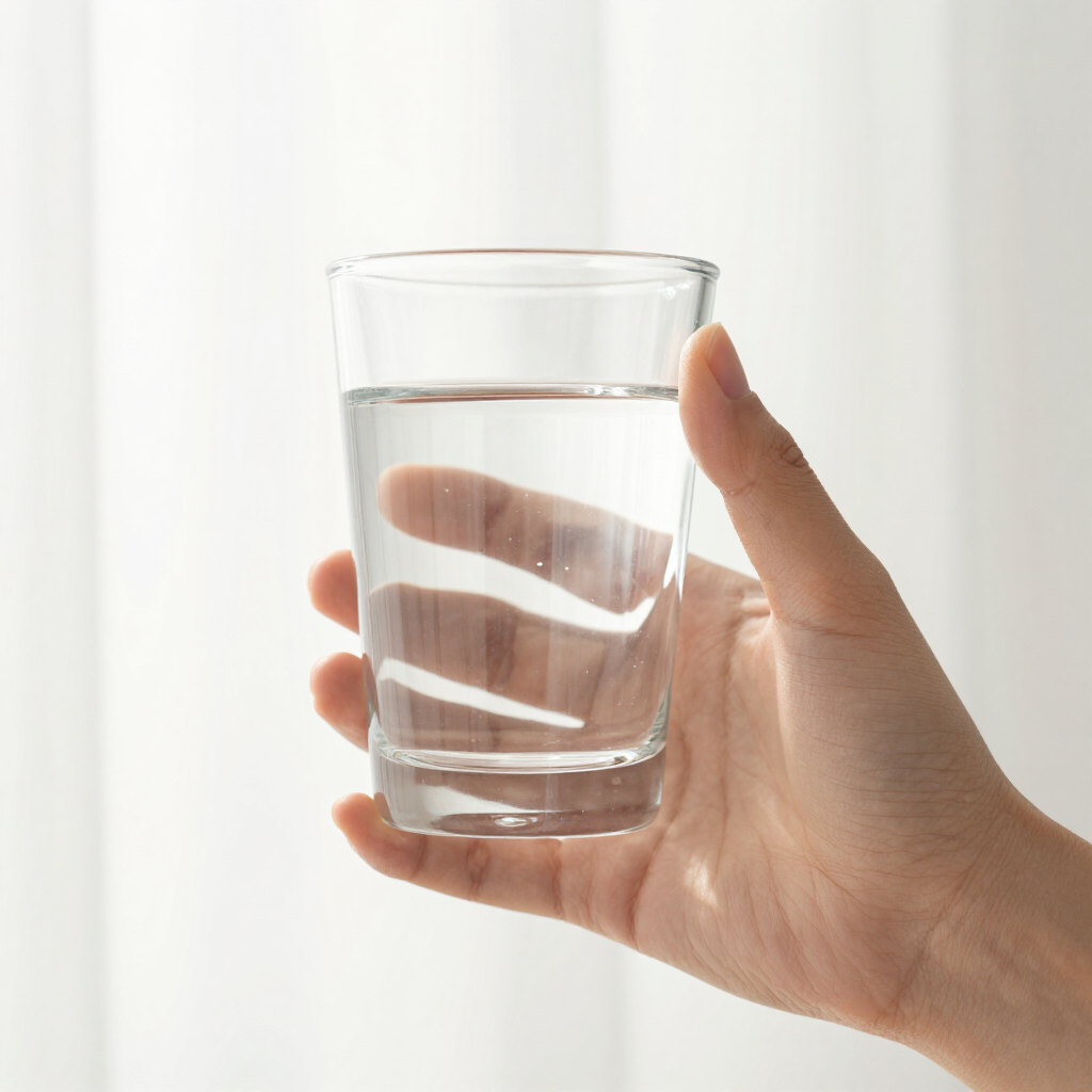 Hand und Wasserglas im hellen Licht