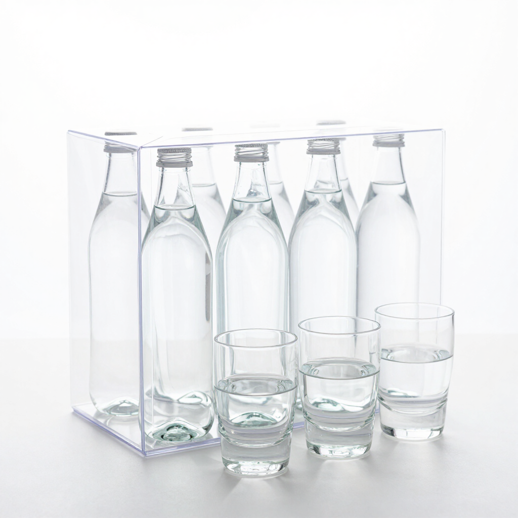 Verpacktes Tasting-Set mit Wasserflaschen und Verkostungsgläsern