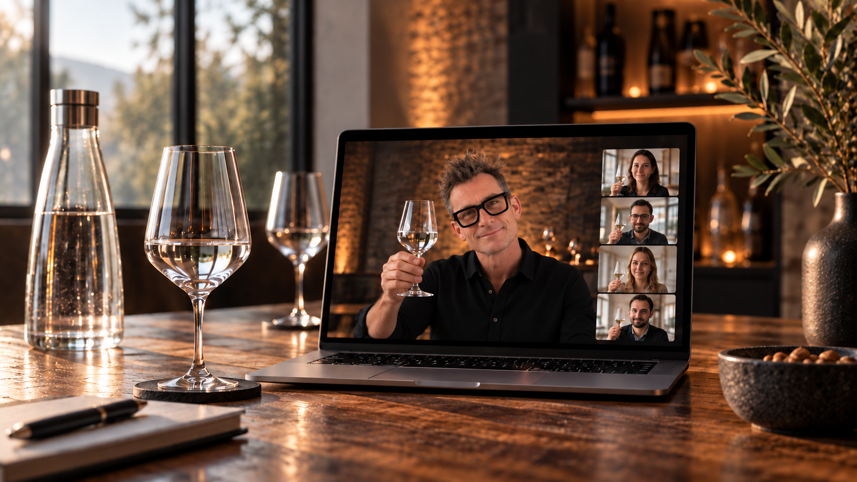 Verpacktes Tasting-Set mit Wasserflaschen und Verkostungsgläsern