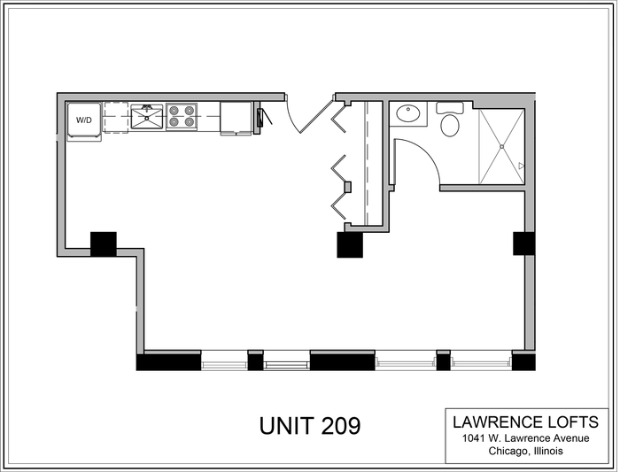 Floor plan of a studio apartment, Unit 209, with kitchen, bathroom, and living area. Black squares indicate windows and support columns.