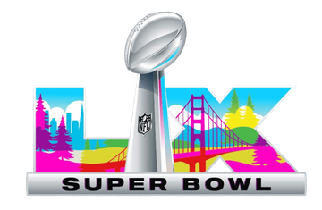 Super Bowl logo with Vince Lombardi Trophy over a colorful San Francisco skyline and Golden Gate Bridge