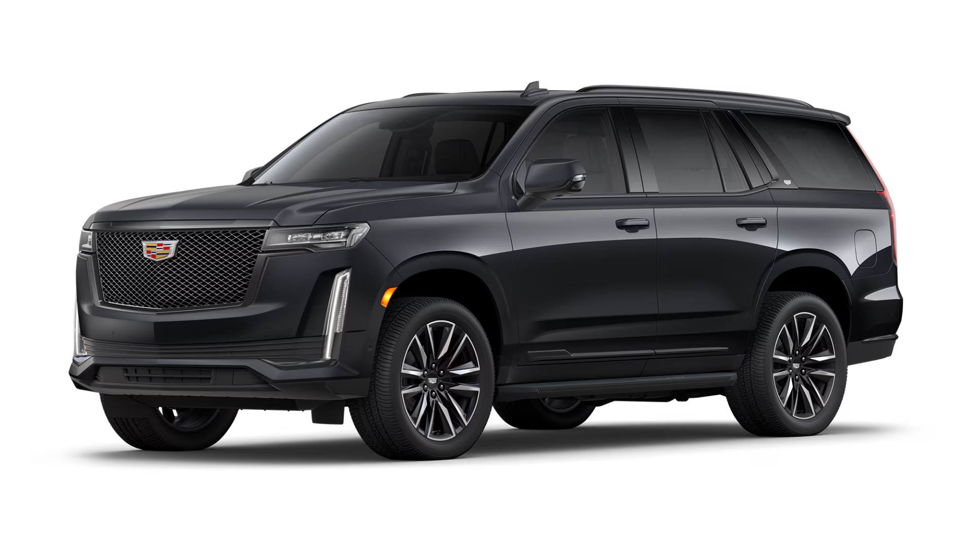 Black Cadillac Escalade SUV on a white background, shown in front-left view.