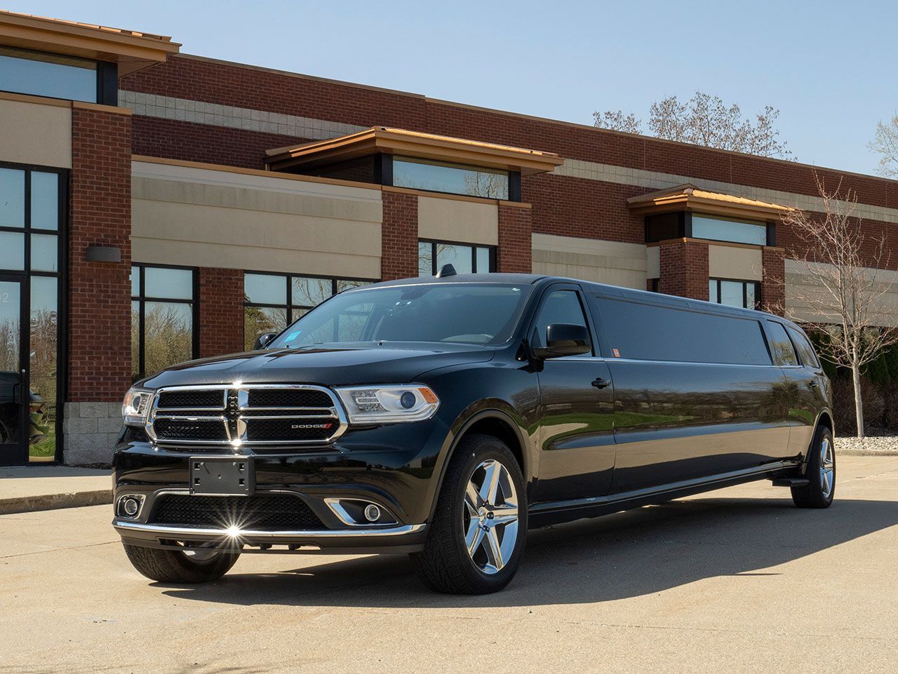 A black limousine is parked in front of a brick building.