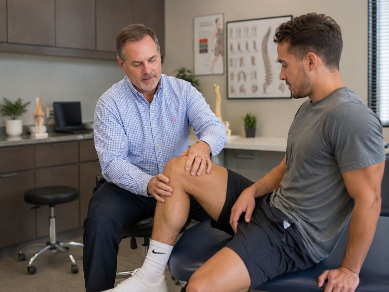 Chiropractor examining a patient’s knee in a clinic office