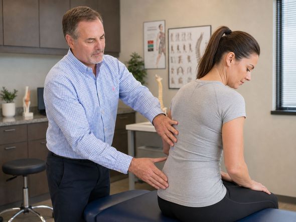 Practitioner checking a patient’s back posture in a clinic office