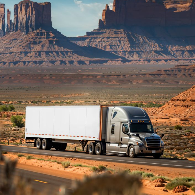 White semi-truck driving on a desert highway with red mesas in the background