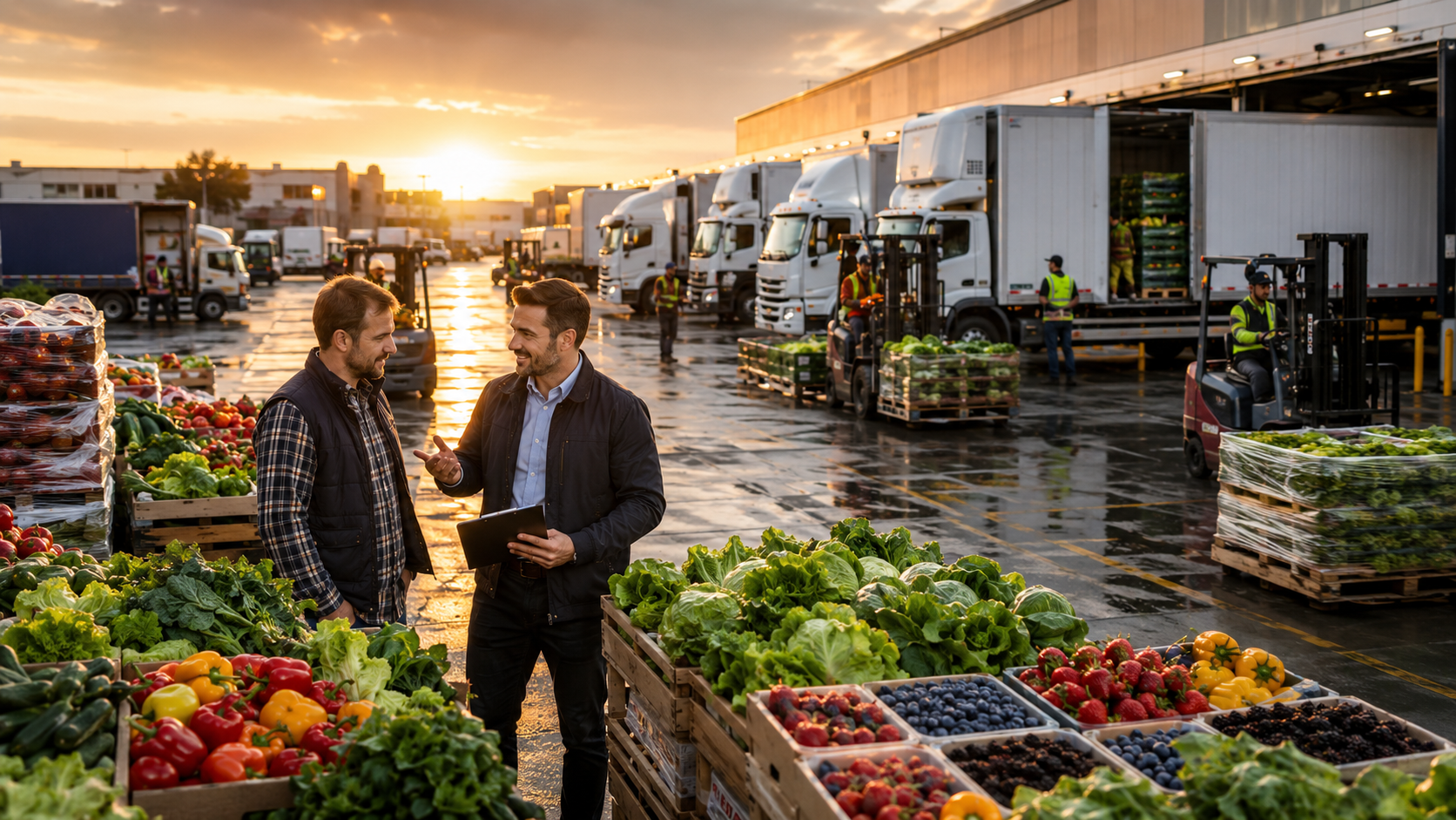 Outdoor produce market with two people talking beside crates of fresh fruits and vegetables at sunset