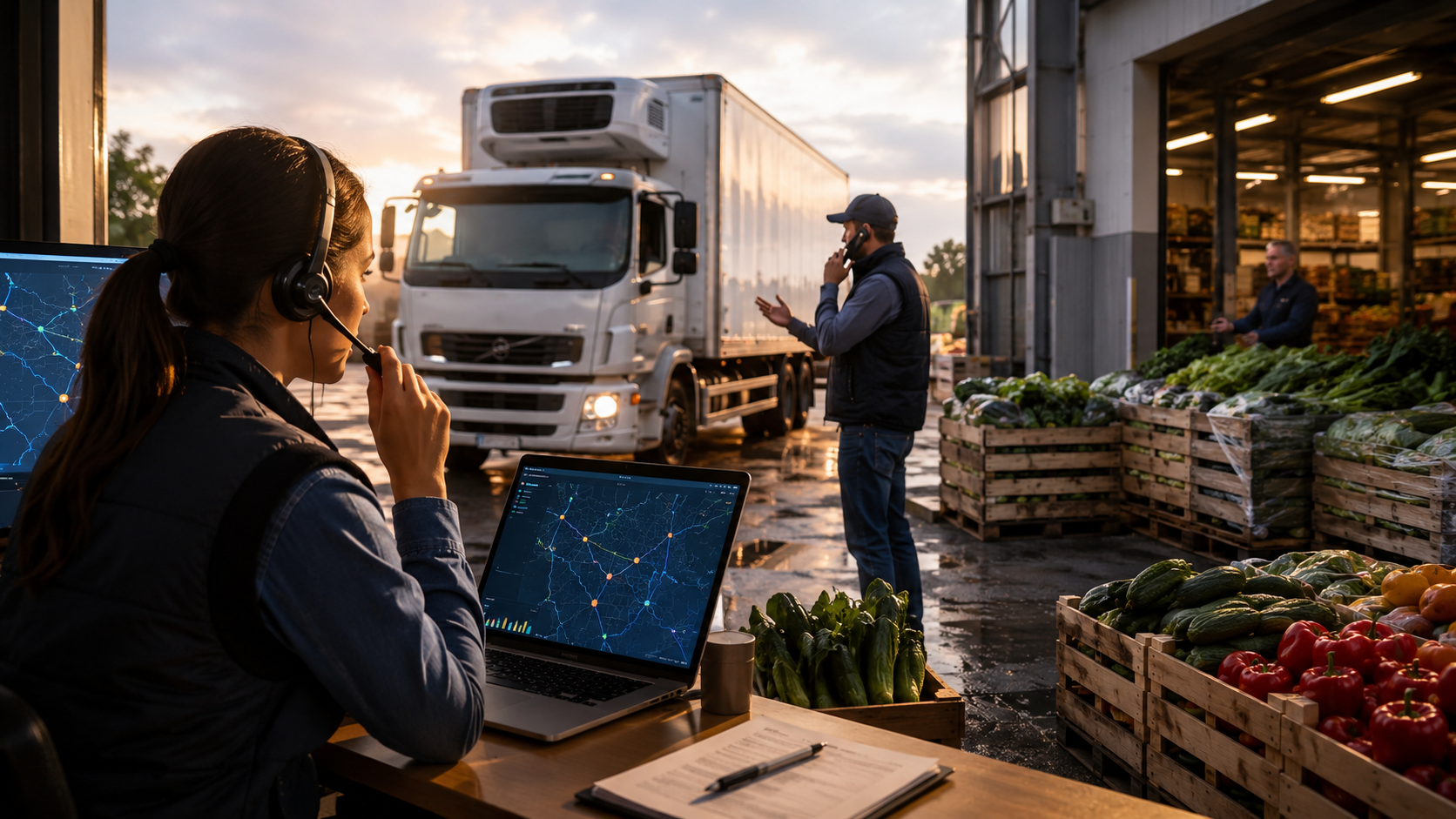 Warehouse worker using laptop and radio as produce is unloaded from a truck at sunset