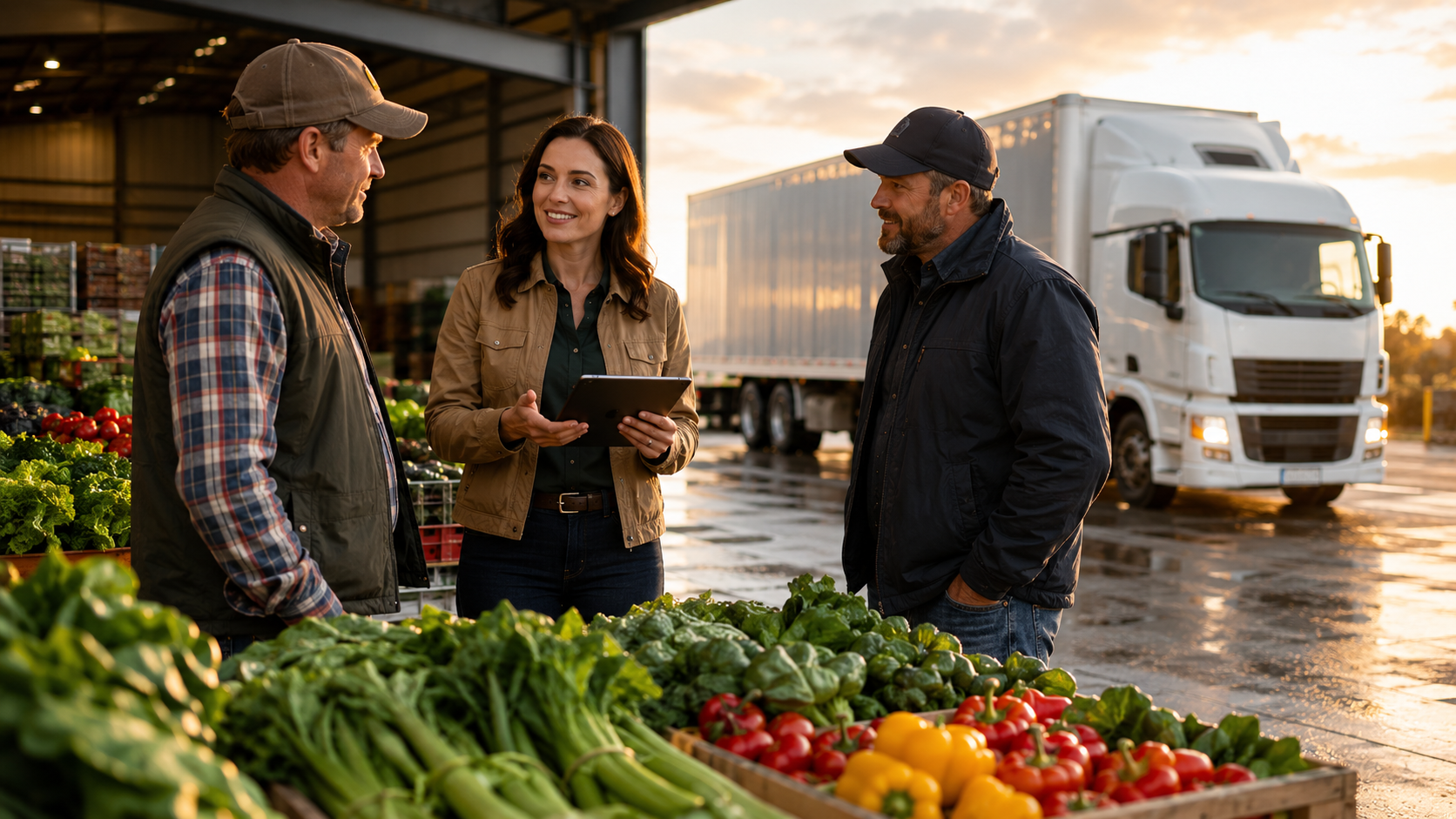 People talking at a market stall with fresh vegetables and a white truck in the background