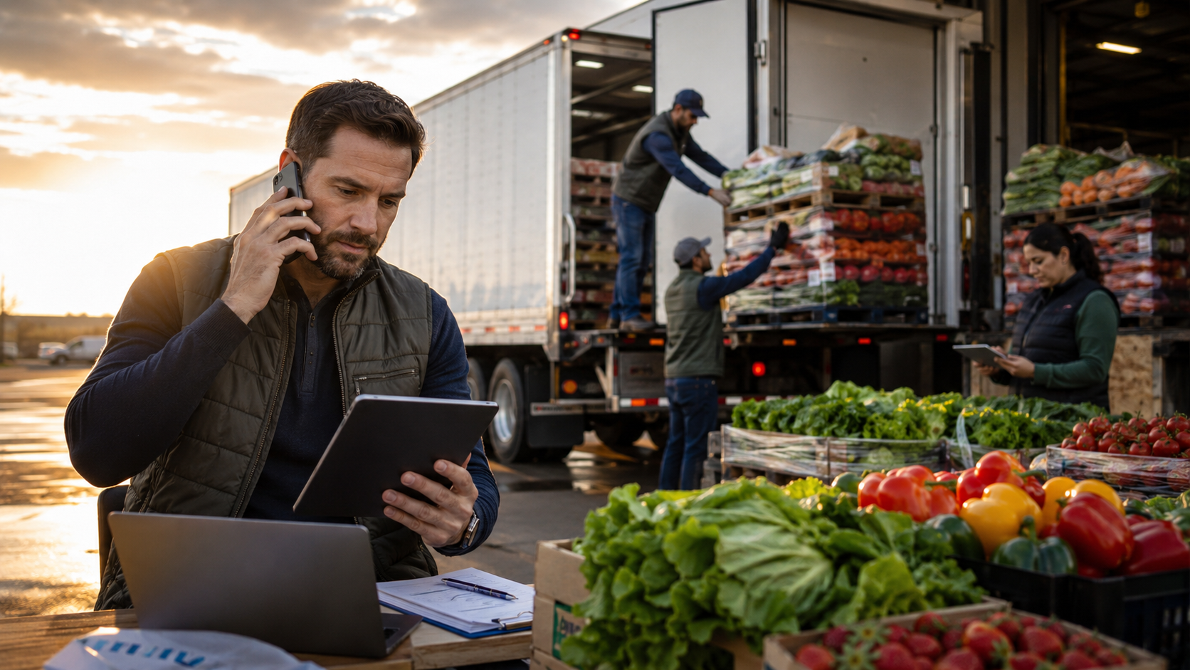Man checking tablet beside laptop while workers load produce into a delivery truck at sunset