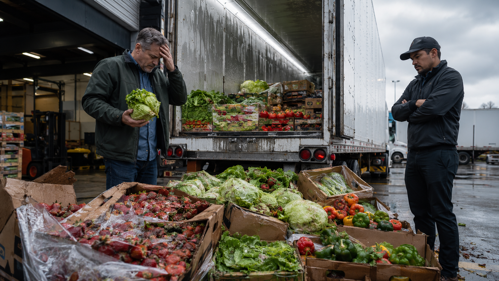 Two people inspecting produce at an outdoor market under a rainy overhang, with crates of vegetables in front.
