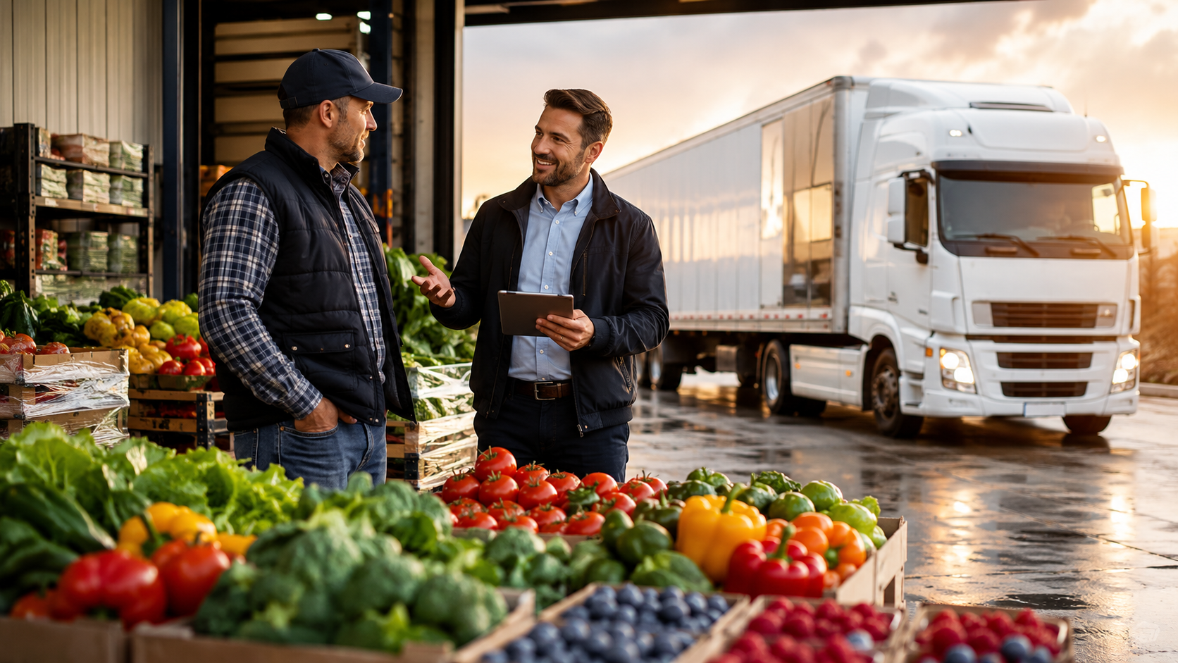 Two men talking at a produce market beside a truck, with colorful fruits and vegetables in the foreground.