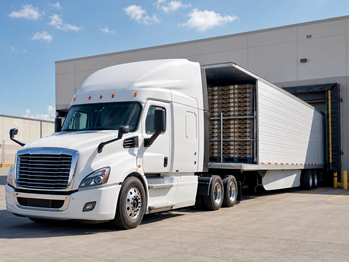 White semi-truck with trailer parked at a loading dock on a sunny day