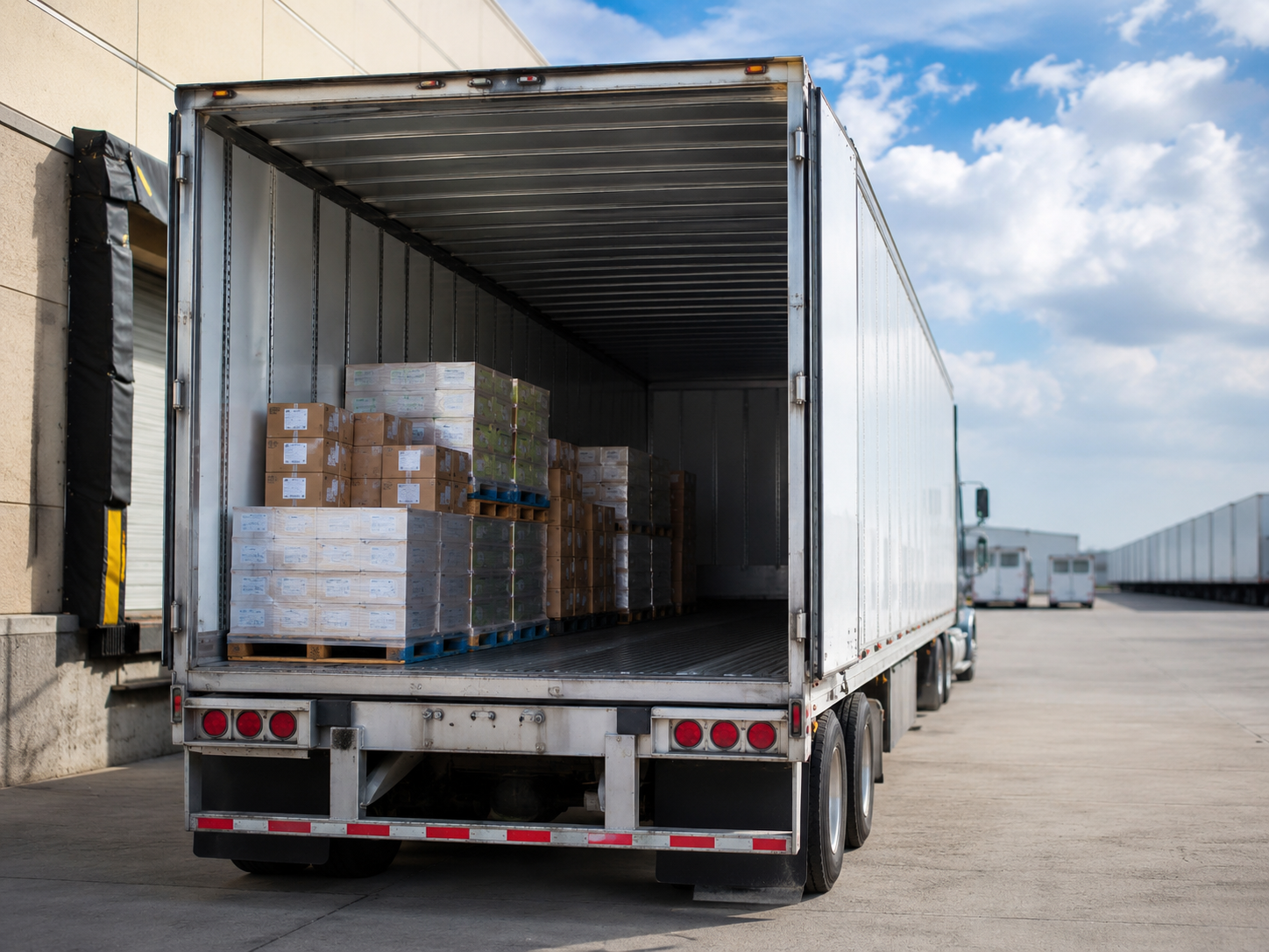 Open freight trailer loaded with palletized boxes at a warehouse dock