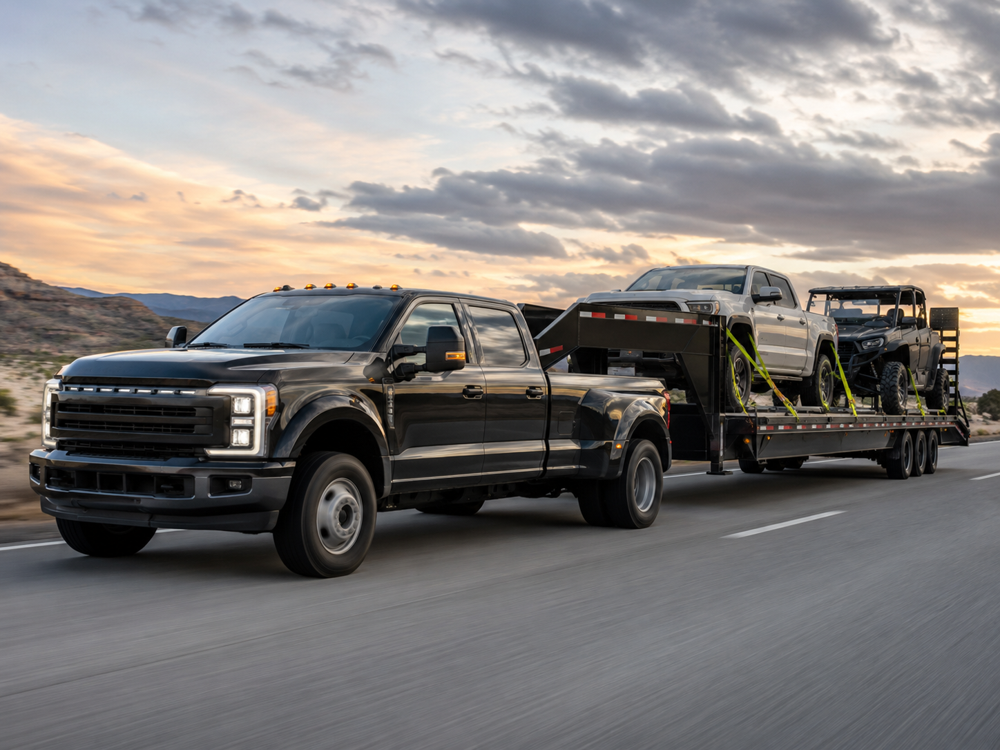 Black pickup truck towing a car trailer with SUVs and equipment on a road at sunset
