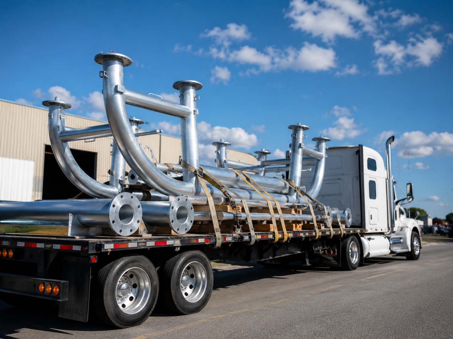 Flatbed truck carrying large silver industrial pipes on a road under a blue sky