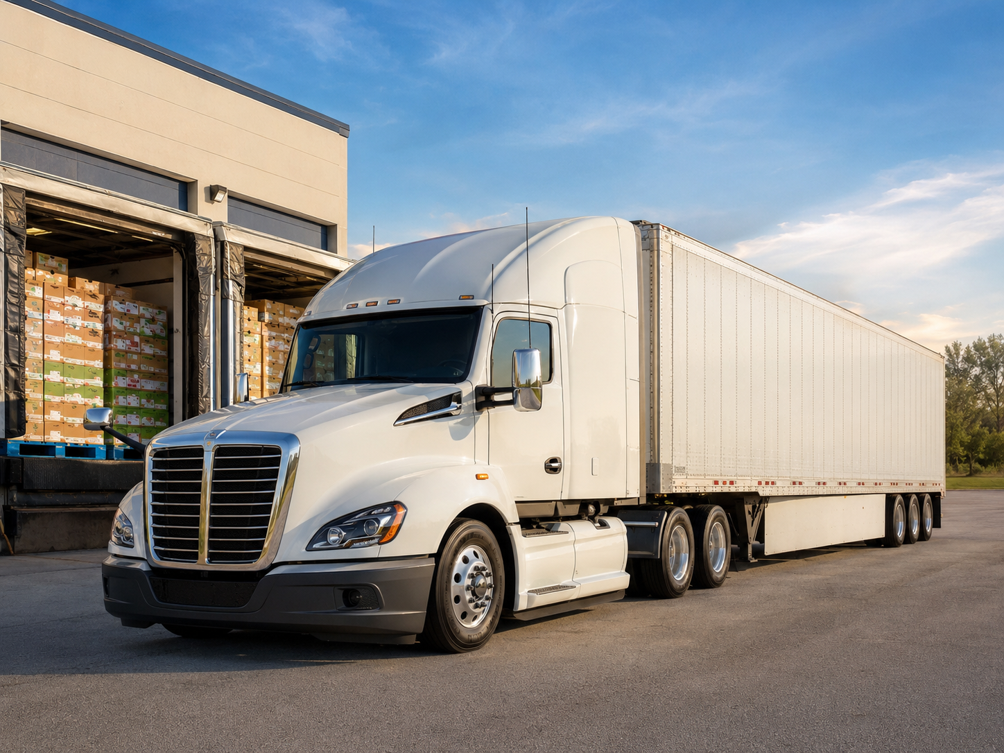 White semi-truck parked outside a warehouse loading dock on a sunny day