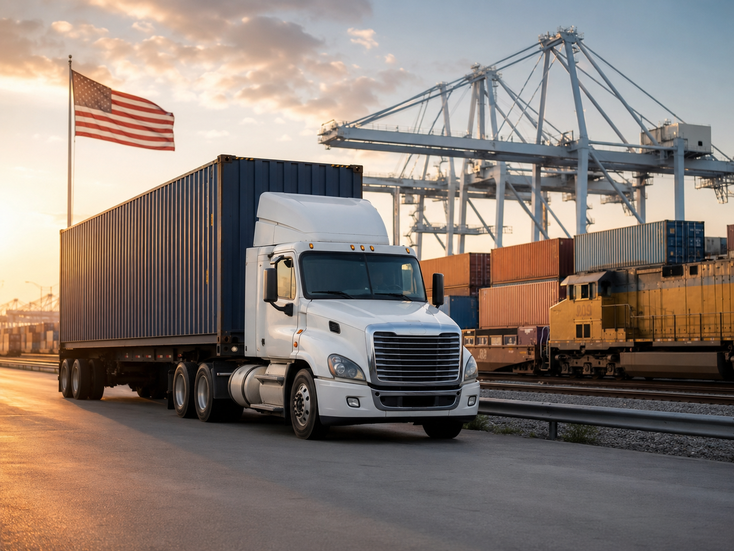 White semi-truck with trailer at a shipping port, cranes and stacked containers in the background, American flag at sunset