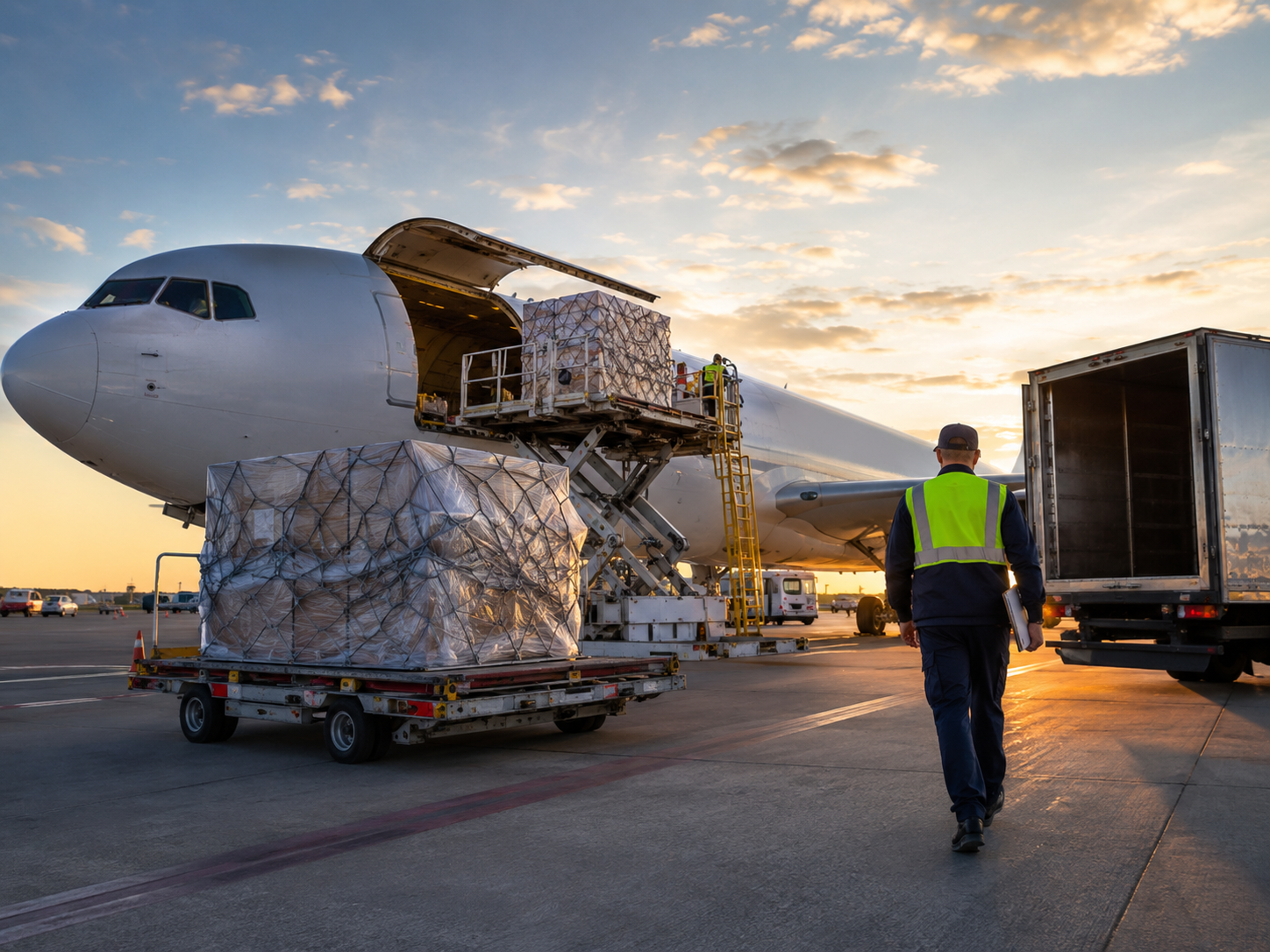 Cargo being loaded onto a plane at sunset, with a worker in a hi-vis vest nearby.