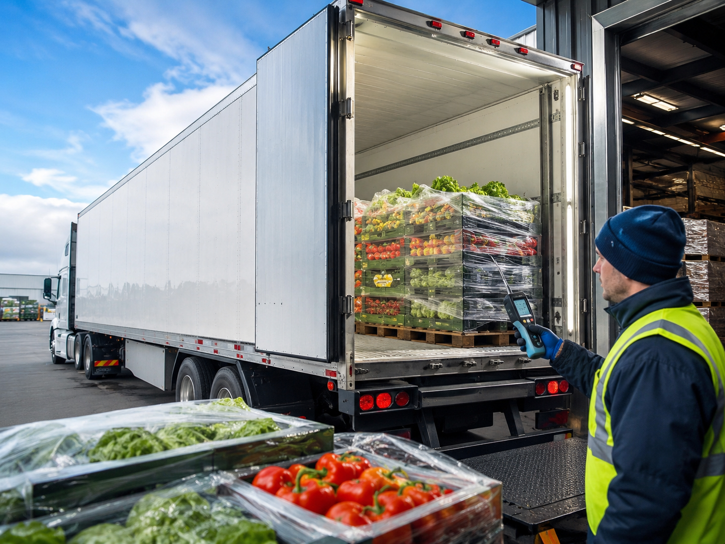 Worker unloading produce pallets from refrigerated truck at a loading dock