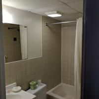 A bathroom with a toilet , sink , shower and mirror.