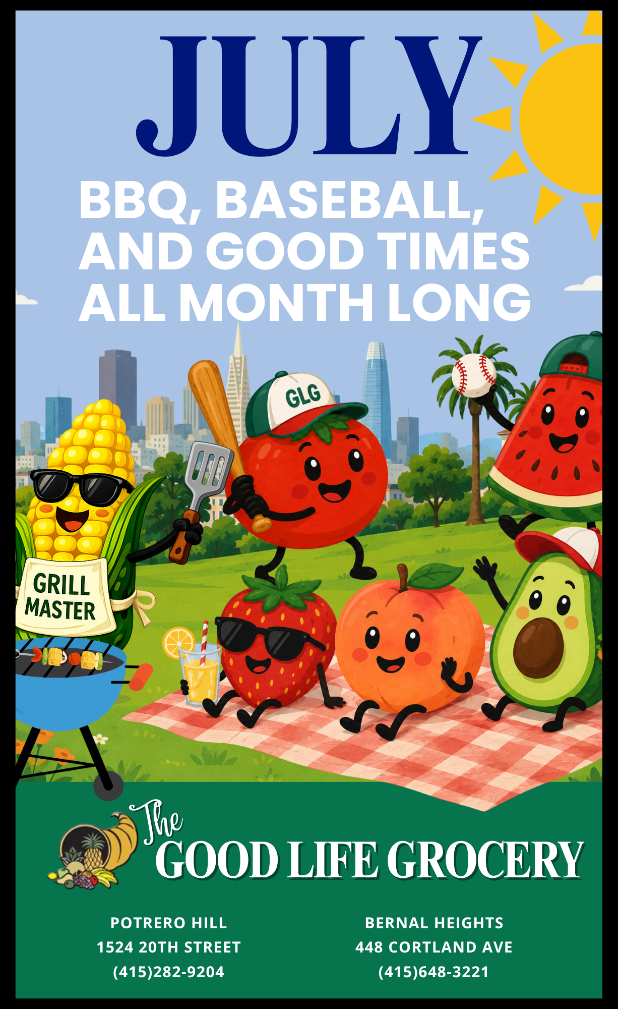 June ad with veggie and fruit characters