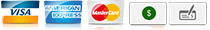 Visa, American Express, Mastercard, and green dollar payment icons with a gray checkmark button.