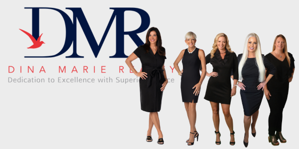 Dina Marie Real estate team logo with five women in black dresses on a white background
